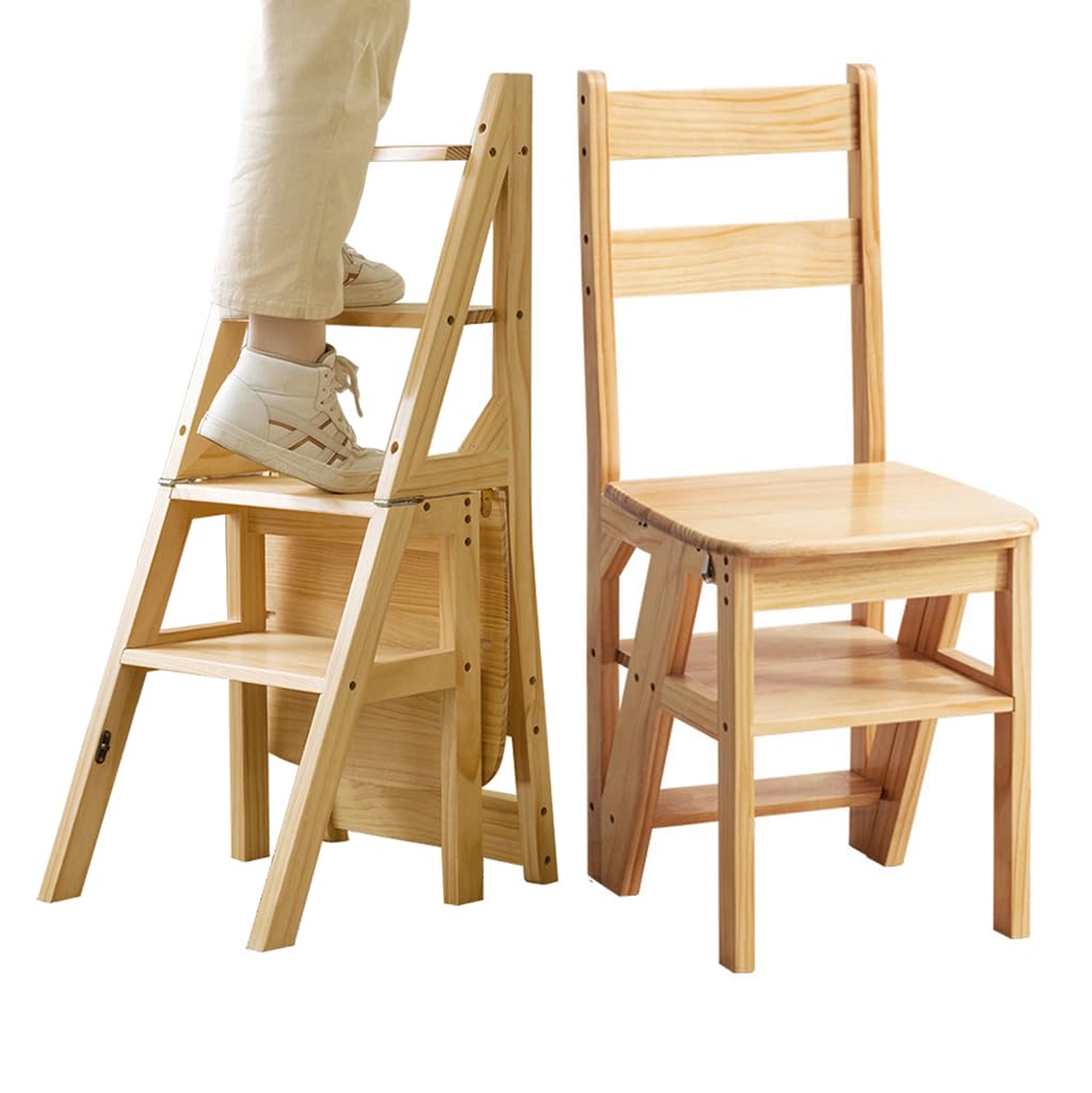 Folding 3-in-1 Library Ladder Chair,Convertible Thickened Wooden Stepladder/Stairway Chair for Library Home Kitchen Coffee,Portable Ladder Stool Shelf/Display Stand(Size:35''H,Color:primary)