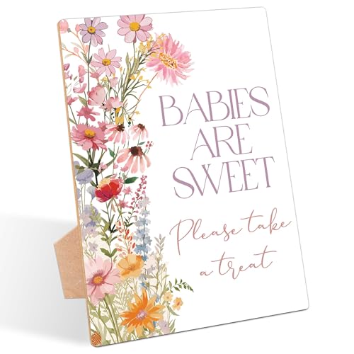 Wildflower Baby Shower Table Sign, Babies Are Sweet Please Take a Treat Sign, Pack of 1 Wooden Tabletop Sign with Stand, Floral Baby Shower Supplies, Gender Reveal Party Decorations - RG64