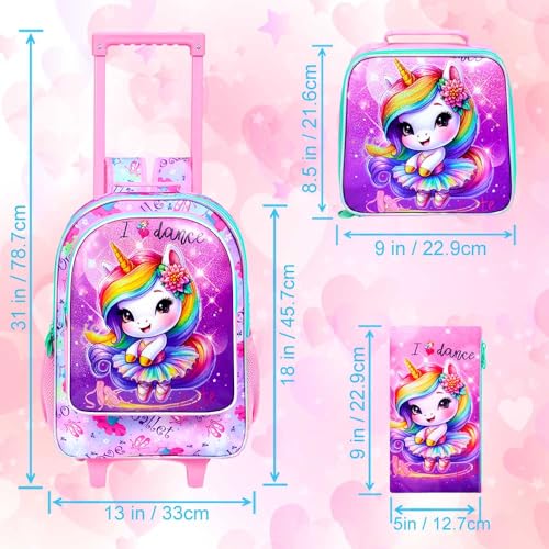 CCJPX 18" Unicorn Rolling Backpack for Girls, 3Pcs Kids Roller Wheels School Bookbag Set, Travel Wheeled School Bag for Toddler Elementary Children(Pink)4