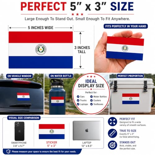 Image of Paraguay Vinyl Flag Stickers, Car Decals, Waterproof Indoor Outdoor, Laptop Stickers, Car Bumper, Paraguayan Flag, 5 x 3 Inches, Set of 3