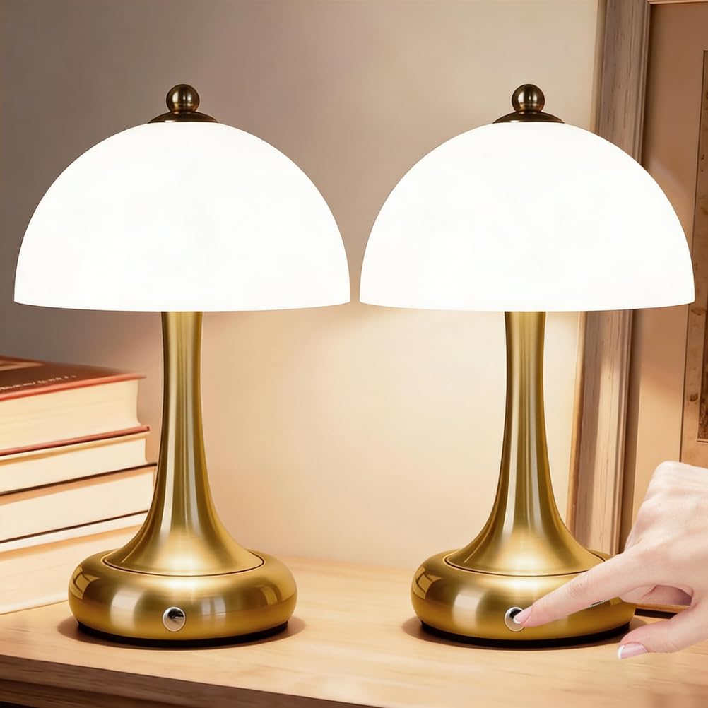 LED Pilz Tischleuchte Gold Akku Dimmbare Tischlampe Touch Kabellos Nachttischlampe Ohne Kabel USB Aufladbar Pilz Lampe Tragbare Tisch Lampe mit Batterie für Drinnen Schlafzimmer Restaurant 2 Stück