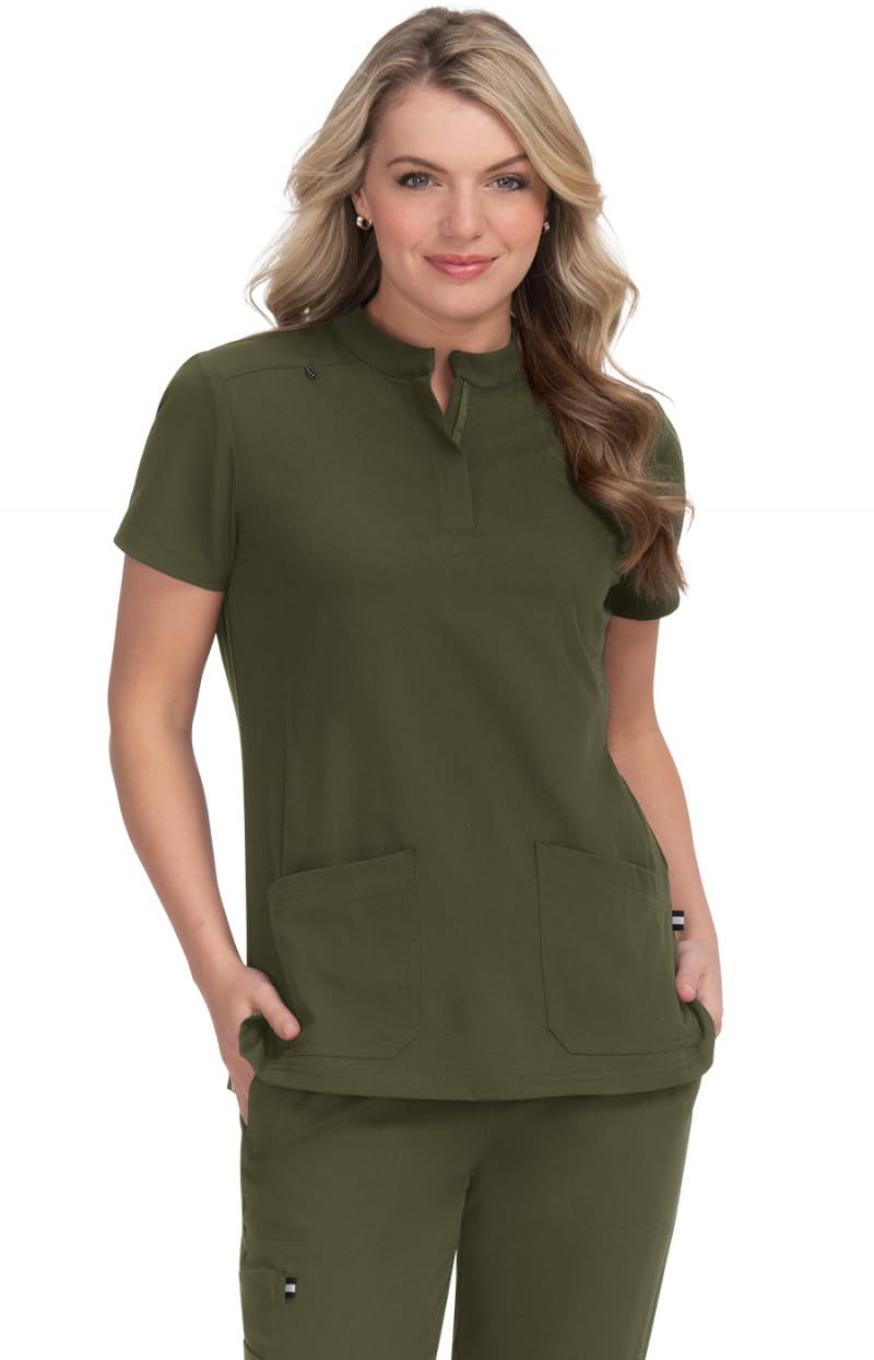 KOI Next Gen Driven Women's 4-Pocket Mandarin Collar Scrub Top, Olive Green, XL