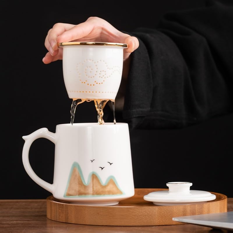 Tasse à thé Tasse à eau en porcelaine de jade avec doublure filtrante, tasse de bureau avec couvercle Récipient de trempage