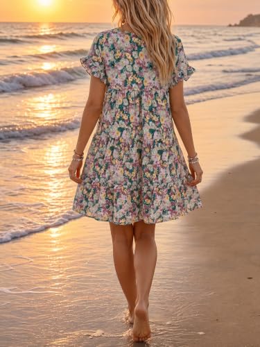 Image of Chuanqi Womens Ruffles Boho Floral Printed Babydoll Loose Swing Casual Short Mini T-Shirt Dress