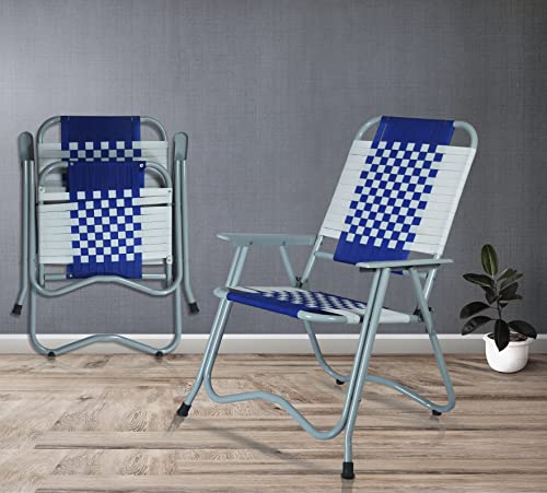 Image of ARTEMIST Foldable Stripe Chair with Arm Rest Portable Chair with Durable Folding Frame, Ideal for Garden, Patio, Lawn, Balcony (Blue, Chrome)
