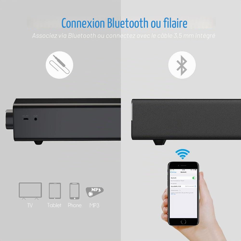 Barre de Son Bluetooth 20W, Filaire et Sans Fil Home Cinéma Audio Surround pour TV, PC, Téléphone Portable, Tablettes