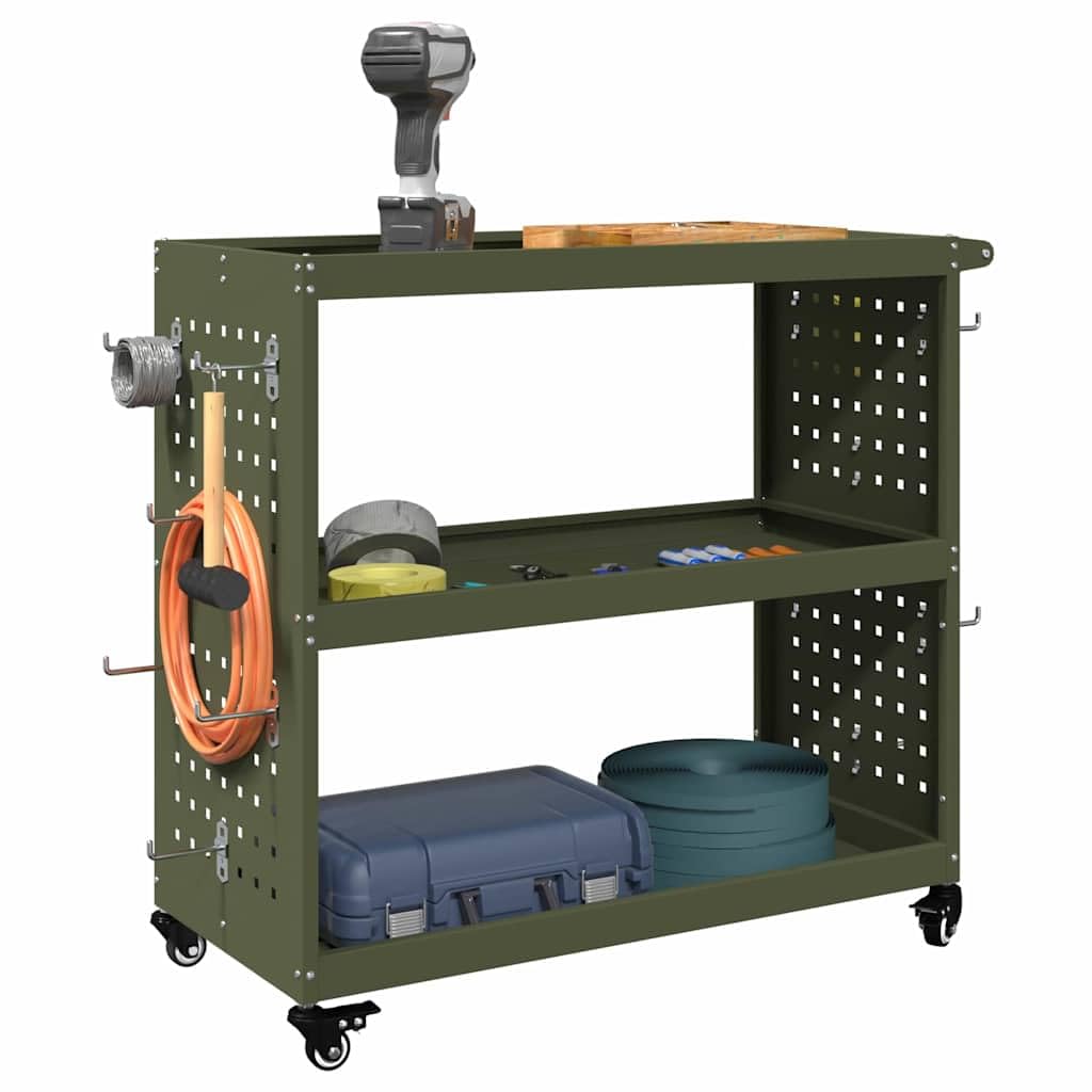 Mangloder - Carrello portautensili in acciaio laminato a freddo, 75 x 35 x 73 cm, con 3 ripiani, 12 ganci, ruote bloccabili, per officina, garage, cantina, hobby, colore: verde oliva