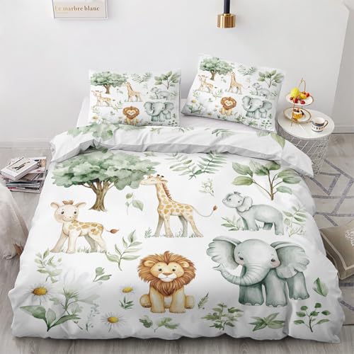 Criajiator Parure de lit 90x190 Enfant Safari Mignon - Housse de Couette 1 Personne Animal Jungle - Housse Couette en Microfibre Douce avec Fermeture Éclair...