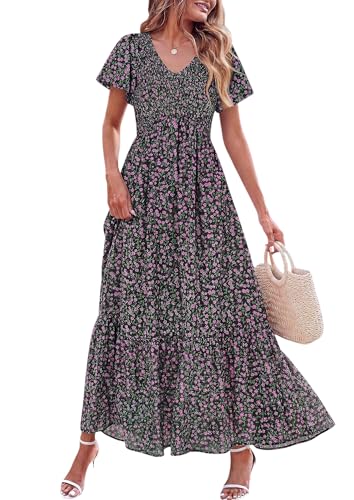 PRETTYGARDEN Boho Dresses for Women 2026 Summer Floral Short Sleeve V Neck Smocked Flowy Beach Vacation Maxi Dress (Black Purple Floral,Large)