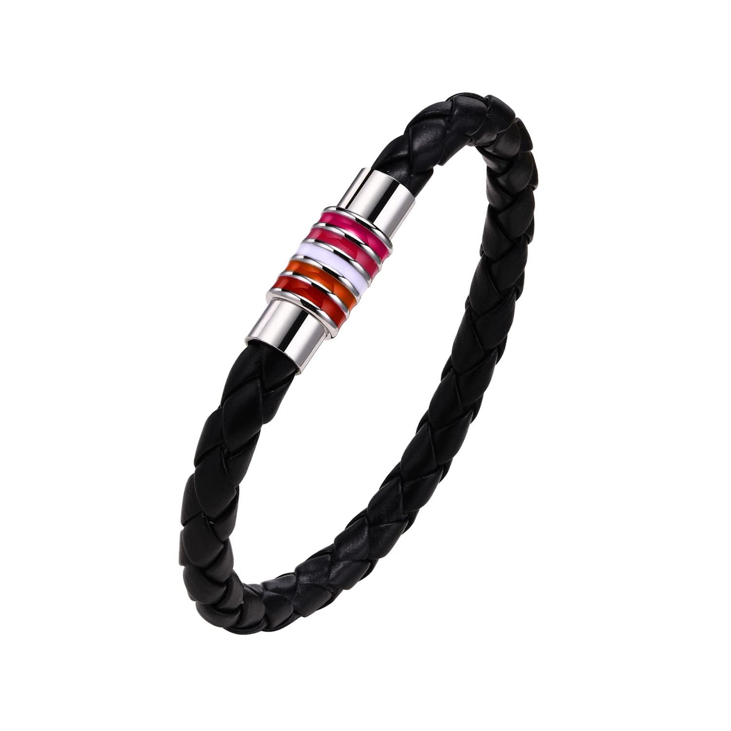 Nanafast Titanium Stainless Steel Rainbow LGBT Pride Bracelet Handmade Braided LGBTQ Pride Bracelets PU Leather Weave Plaited Wristband Jewelry