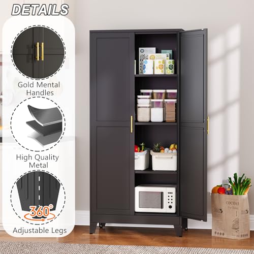 Image of Winiowa Metal Pantry Cabinet with 2 Doors and Adjustable Shelves, 61 inchKitchen Storage Cabinet with Gold Handles, Versatile Storage for Laundry, Living, Bathroom, Dining, Utility Room - Black