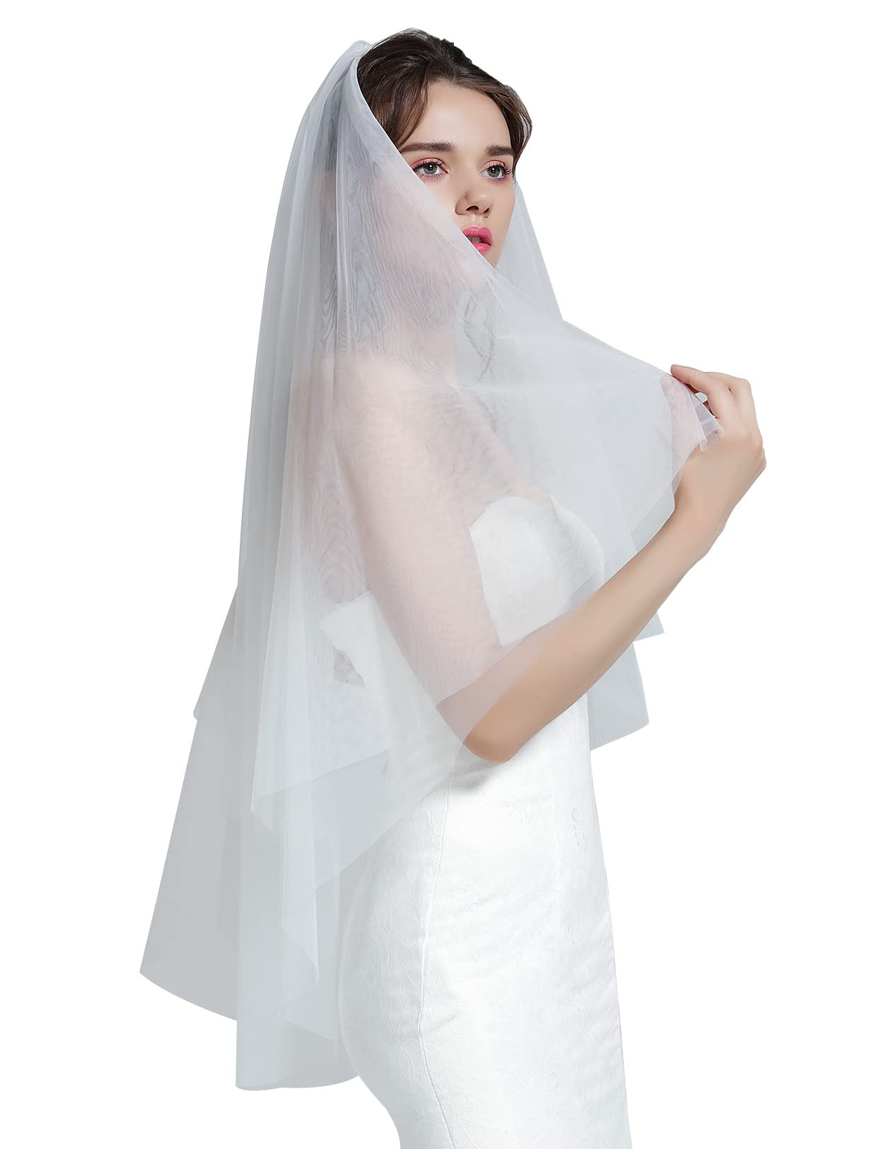 BEAUTELICATE Schleier Braut Brautschleier Hochzeit Softtüll Weiß Ivory Lang Kurz Kurbelkante Mit Metall Kamm 2 Schicht V26