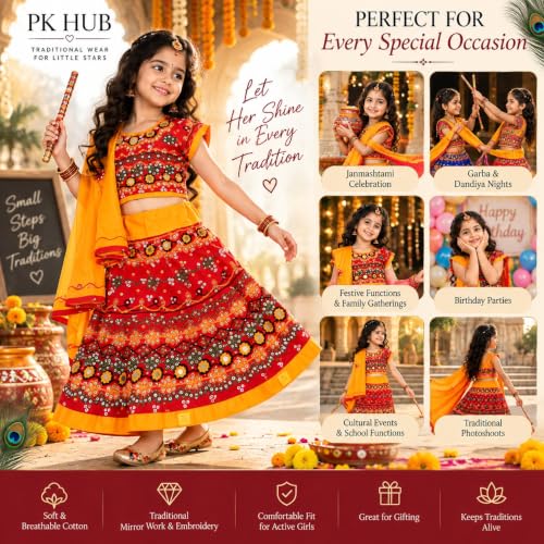 Image of PK HUB Girl's Cotton Radha Dress - Traditional Lehenga Choli with Dupatta | Readymade Chaniya Choli for Garba, Dandiya & Janmashtami | Ethnic Costume for Girls (Set of 3)