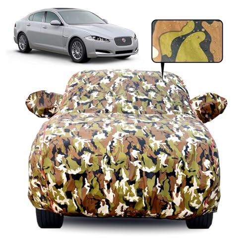Image of Waterproof Car Body Cover for Jaguar XF with Mirror Pocket, Soft Cotton Lining, Triple Stitched, Full Bottom Elastic (Heat Resistant Jungle Print with Red Piping)