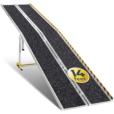 MAASTERS Wheelchair Ramp 14 Feet - Aluminum Long Wheelchair Ramp - Loading Capacity 600 lbs - Portable 14 Foot Wheelchair Ramp with Extra Support Leg Cover