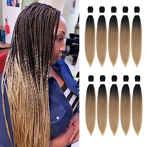 SYbeauty Pre Stretched Braiding Hair Extensions 26 Inch 10 Packs/Lot Synthetic Kanekalon Ombre Braiding Hair Professional Soft Yaki Texture Natural Easy Braid Crochet Hair (26", T1B/27)