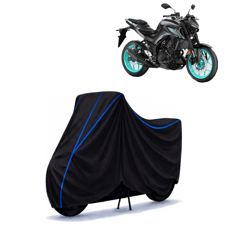 Image of MT 03 Bike Cover Water Resistant Universal Motorcycle Rain | Heavy Duty UV Protection, Dust, Scratch Indoor Outdoor All Weather with Black Blue Piping Elastic