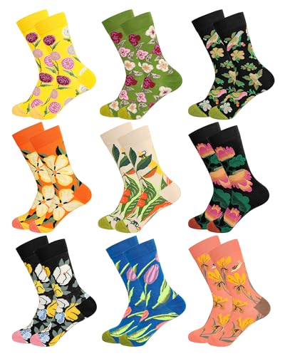 BTONGE 9 Paar Lustige Socken Damen 39-42, Witzige Tier Blume Botanisch Bunte Socken Damen Herren mit Motiv, Lässig baumwollsocken, Atmungsaktiv Baumwolle Crew Socks