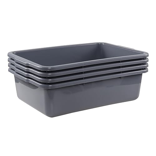 Paquete de 4 tinas grandes de autobús de 32 L, caja de asas comercial, caja de autobús de plástico, gris
