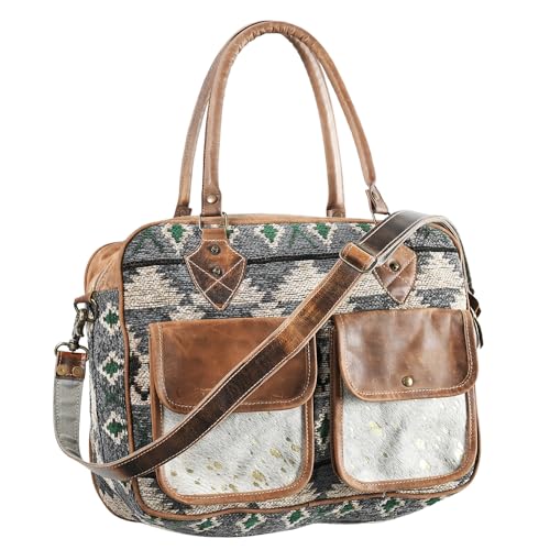 Bags OHV386 Briefcase Upcycled Wool Upcycled Canvas Hair-On Genuine Leather Women Bag Western Handbag Purse