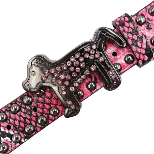 Studded Belt for Women Men, Sparkle Boa Pattern Strap with Rhinestone Dog Engraved Buckle for Jeans Dresses Pants4