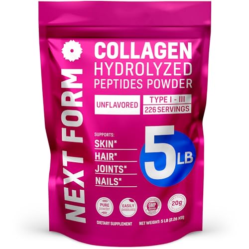 Next Form Collagen Peptides Powder for Women and Men Unflavored Hydrolyzed Pasture Raised Types I & III Grass-Fed Non GMO Gluten-Free Kosher 5Lb