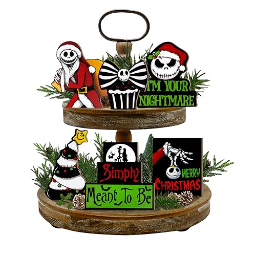Guoofu Christmas Tiered Tray Decor, Night. mare BE Fore. Xmas Tray Decorations, Jack Santa Black Christmas Tree Wooden Signs, Rustic Holiday Home Decor for Tabletop Mantel