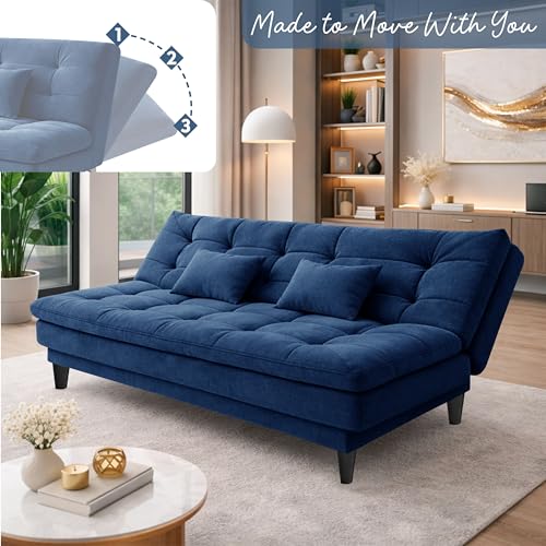 Image of Modern 3 Seater Sofa Cum Bed | Tufted Backrest | Velevt Fabric Upholstery | Living Room Furniture-Blue