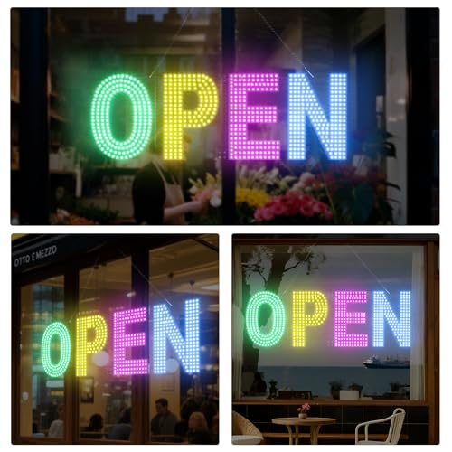 Image of LED Open Signs for Business, 30 inchL x 10 inchW Large Open Sign LED with 3 Scene Modes, Ultra Bright Adjustable Light Up Bar Sign for Storefront Window Glass Door Shop Store Salon Cafes Restaurant (Green-Yellow-Pink-Blue)