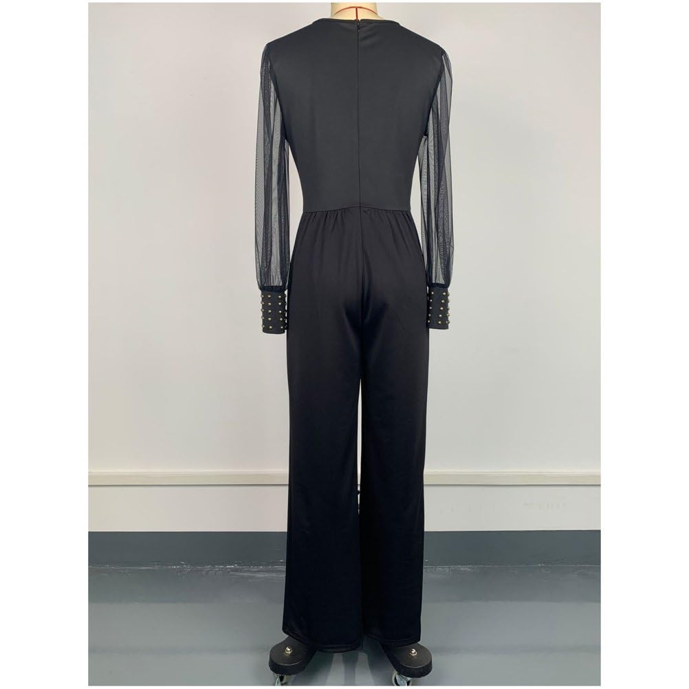 Femmes Sexy Élégant Col V Maille Rivets À Manches Longues Pantalon Droit Combinaison De Fête D'affaires