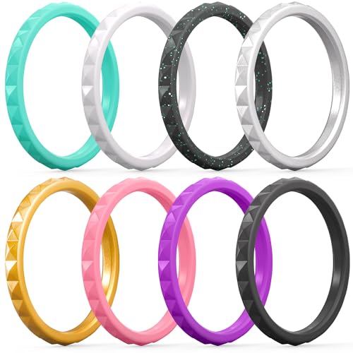 ThunderFit Silicone Wedding Bands for Women, Rubber Wedding Rings with Diamond Pattern 2.6mm Wide 2.1mm Thick - 1/4/8 Variety Multipack