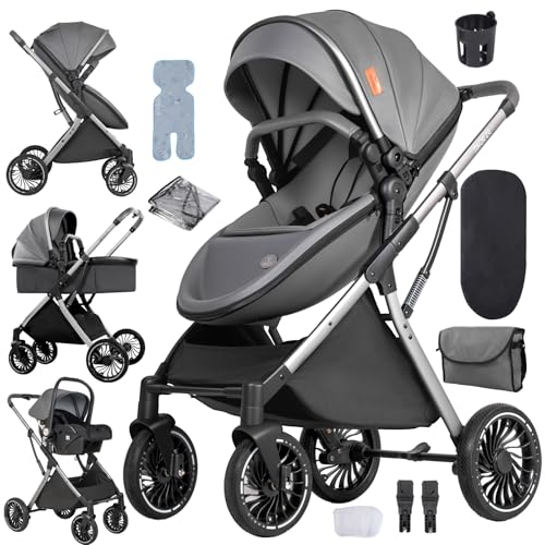 Aveainelle PU Cuir Poussette 3 en 1 Pour Bébé, Poussette Trio de Voyage en Forme de Coquille D'Œuf, Pousette Inclinable et Réversible, Landau Pliable En Un...