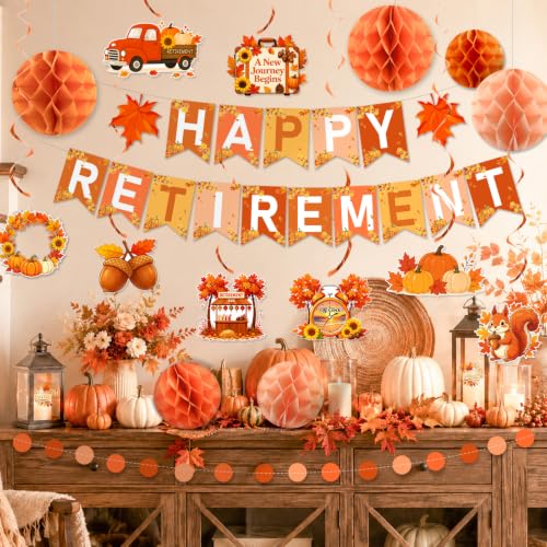 Image of YTHETM Fall Retirement Party Decorations for Men Women Happy Retirement Banner Honeycomb Balls Hanging Swirl Circle Dots Garland Fall Retirement Party Supplies