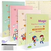 funvce Large Magic Practice Copybook, 4 Pack 18.5 x 26 cm Grooved Handwriting Copy Books for Kids, Reusable Children Tracing Workbook for Drawing,Math,Numbers,English Alphabet