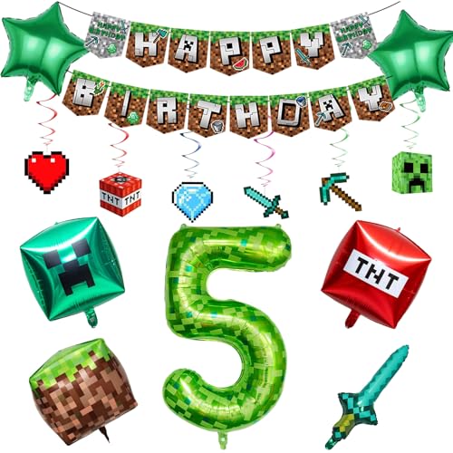 14PCS Birthday Party Decorations for Boys Birthday Kit Includes Banner Swirls Foil Balloons for Cartoon Supplies Game Themed Party Supplies Decorations for Boys Girls