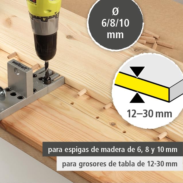 wolfcraft Juego universal de ensamblaje para madera I 3750000 I Para agujeros para espigas precisos sin necesidad de tomar medidas ni realizar marcas