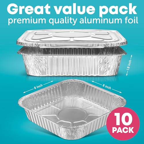 Image of 8x8 Disposable Aluminum Pans With Lids - 10 Pack Foil Pans For Cooking, Baking Cakes, Roasting & Homemade Breads - Disposable Food Containers With Foil Lids