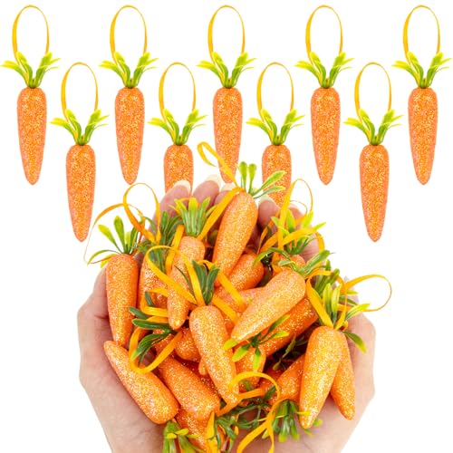 24PCS Easter Carrot Hanging Ornaments - Fake Mini Carrots for Crafts, 2.75inch Spring Foam Glitter Artificial Carrots Used for Easter Decorations at Home, Baskets and Party DIY Crafts Decor