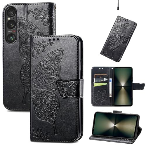 に適用するXperia 1 VI SO-51E SOG13 ケース 手帳型 ノートブック型携帯電話保護カバー多機能携帯電話ホルスター財布携帯電話ホルダーバンプパターンテクスチャ耐久性摩擦耐性携帯電話ケース男性と女性に適した多色オプション (バタフライ黒)