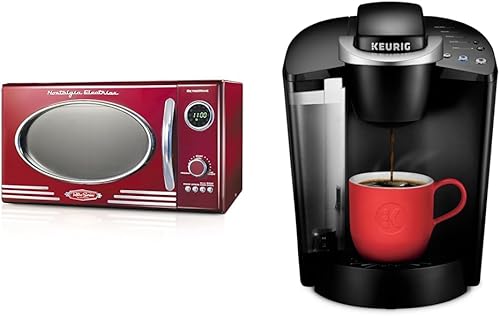 Nostalgia Horno microondas retro para encimera, grande, 800 W, 0.9 pies cúbicos, 12 cápsulas de cocción preprogramadas y Keurig K-Classic, cafetera