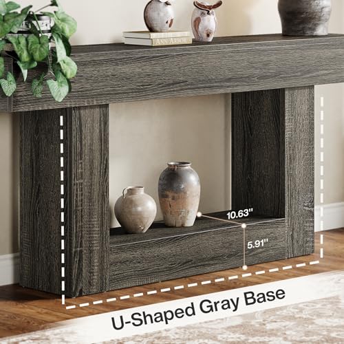 Tribesigns 63" Console Table, Farmhouse 2-Tier Entryway Table with U-Shaped Base, Narrow Long Wood Sofa Table Behind Couch Table for Living Room, Hallway, Foyer, Dark Gray