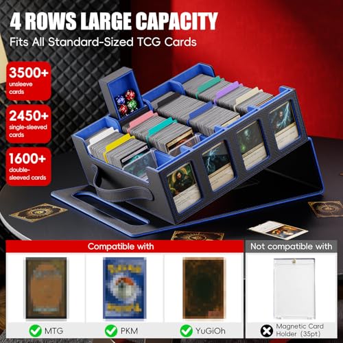 Image of Trading Card Storage Box - 3500+ Magnetic MTG Deck Box with Handle,Commander & Toploader Display, Dice Box,4 Dividers & 30 Color Labels - Fits for TCG,MTG,Yu-Gi-Oh and Sport cards(Black /Blue)
