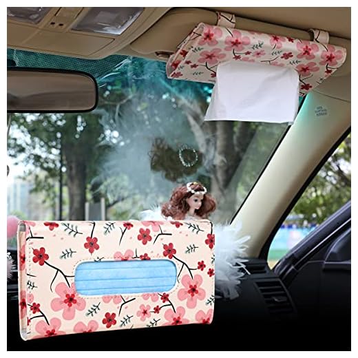 Car Tissue Holder Visor Mask Holder, Pink Red Cherry Blossom Design for Women Pink Car Decor Girl Car Accessories for Women Interior Cute PU Mask Dispenser for Car Sun Visor Tissues Napkin Box Holder