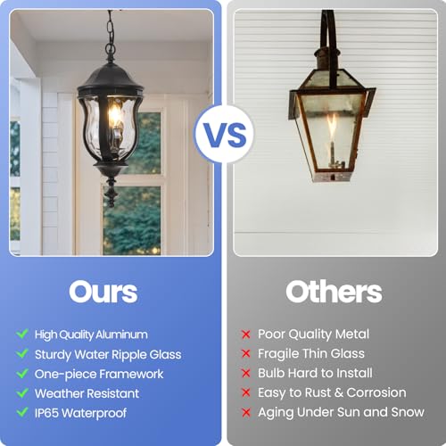 Image of Large Outdoor Pendant Light, 19'' Black Hanging Lantern Porch Light