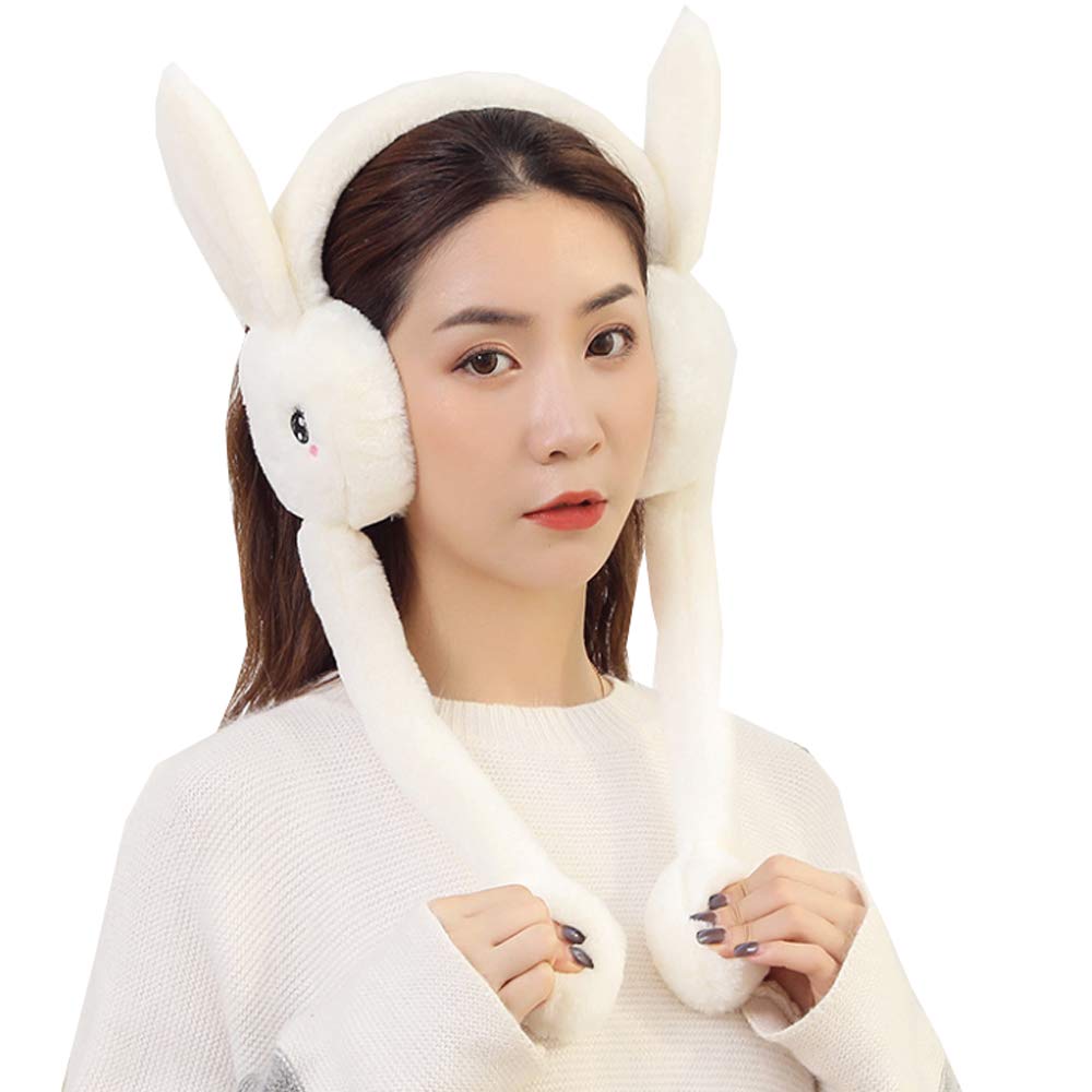Women's Winter Plush Earwarmer Bunny Earmuffs with Moving Jumping Rabbit Ears Windproof Airbag Ear Bag White