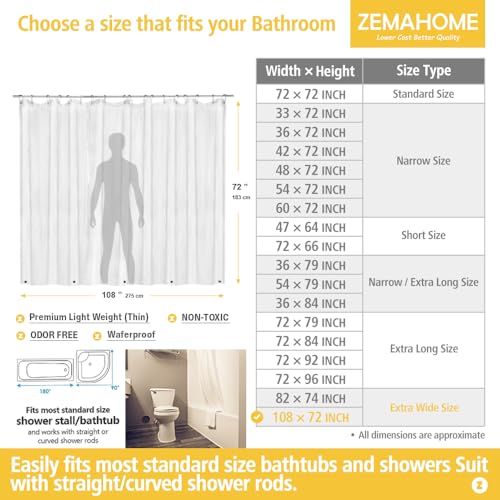 Image of ZEMAHOME Extra Large Size PEVA Plastic Shower Curtain Liner Premium Light Weight 108 inch x 72 inch Clear Bathroom Shower Showroom Curtain Liner with Rustproof Metal Gromments and Weighted Magnet