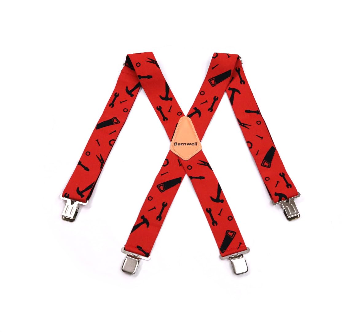 Barnwell Red Tool Trouser Braces Suspenders Heavy Duty Metal Clips 50mm Wide Adjustable Elastic Work Hammer Screwdriver Saw