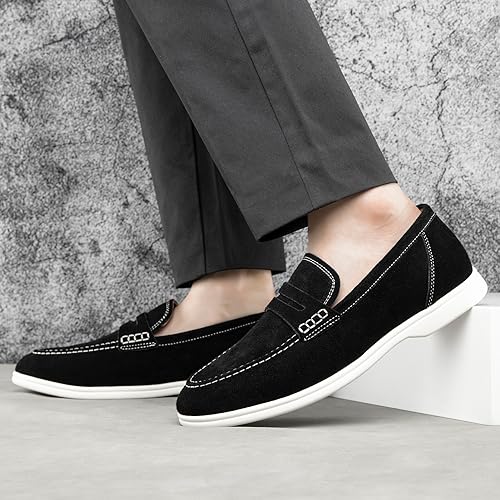 Image of Meijiana Men's Genuine Leather Loafers Slip-On Moccasins Suede Dress Shoes, Lightweight and Breathable with Rubber Sole Stylish Mens Loafers