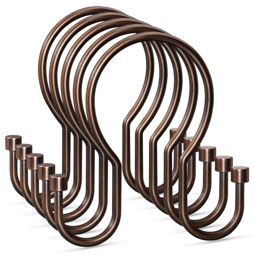 Goowin Shower Curtain Hooks, Simple Shower Curtain Rings, Sturdy Shower Curtain Hangers, Double Hook Shower Curtain Hooks, Smooth Gliding Metal Shower Hooks for Shower Curtain (Bronze, 12 Pack)
