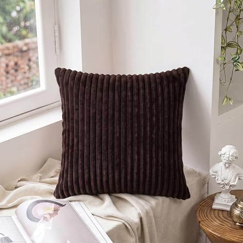 Image of Yellow Weaves Pencil-Stripe Fur Cushion Covers | Soft Polyester | Decorative Sofa & Throw Pillow Covers | 16x16 Inches, Pack of 5 (Coffee)